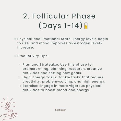 Understanding our menstrual cycle isn’t just about health—it’s crucial for optimizing productivity and spiritual well-being. 🌙 Our Creator, Allah, acknowledges the natural variations in our energy and capabilities during different phases of the cycle, even adjusting religious obligations. This divine recognition highlights the importance of aligning our routines with these natural rhythms. During the menstrual phase, low energy is natural as hormone levels drop. Use this time for reflection... Menstrual Phase, Our Energy, Energy Healing Spirituality, Mood Boost, Hormone Levels, Spiritual Wellness, Low Energy, Creative Activities, High Energy