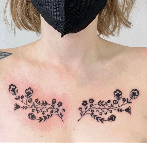 Cottage Core Chest Tattoo, Symmetrical Collarbone Tattoo, Ornamental Collar Bone Tattoo, Floral Collarbone Tattoo, Feminine Collar Bone Tattoos, Dainty Collarbone Tattoo, Symmetrical Flower Tattoo, Symmetrical Chest Tattoo, Symmetrical Collar Bone Tattoo