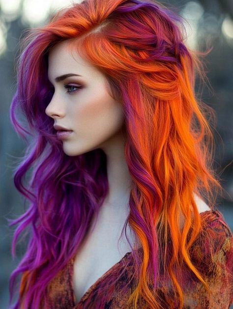 Top Hair Color Ideas for Autumn: Embrace the Season with Warm and Rich Tones Dark Hair With Vivid Color, Hair Color Ideas Two Tone, Ginger And Purple Hair, Sunset Ombre Hair, Fox Color Hair, Fun Fall Hair Colors, Prism Hair Color, Warm Hair Color Ideas, Hair Color Ideas For Autumn