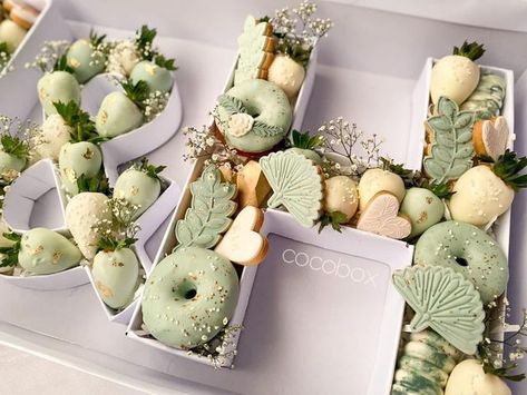 Number Dessert Boxes, Sage Chocolate Covered Strawberries, Letter Dessert Boxes, Letter Chocolate Covered Strawberries, Dessert Letter Box Ideas, Dessert Sampler Box Ideas, Letter Treat Boxes, Engagement Treats, Fancy Sweets