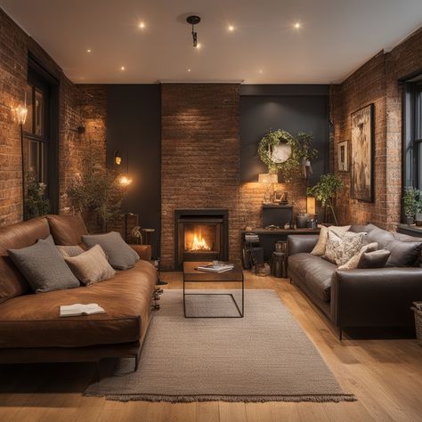 Cozy Home Aesthetic, Brick Homes, Wood Living Room, Aesthetic Living Room, Plant Decor Indoor, Family Room Ideas, Industrial House, Eclectic Interior, Design Your Dream House