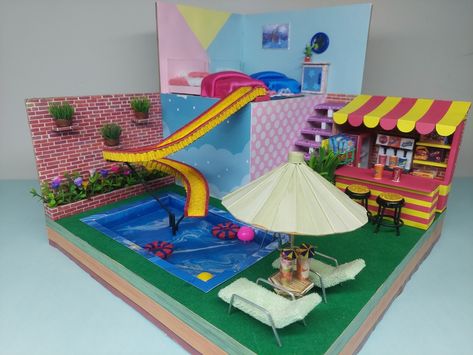 Build A Miniature Two Floors House With Kids Bed Room Cafe and Swimming pools. Homemade Barbie House, Kids Bed Room, Diy Miniature House, Paper Architecture, Mini Diy, Kids Bed, Rooftop Pool, Barbie House, Kids' Bed