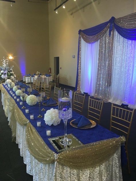 Royal Blue Main Table Quince, Quince Main Table Ideas Blue, Royal Theme Quinceanera, Blue And Gold Quinceanera Theme, Royal Blue And Gold Quinceanera Theme, Blue Quinceanera Decorations, Royal Blue Sweet 16 Decorations, Royal Blue Quinceanera Decorations, Royal Blue Quince Theme