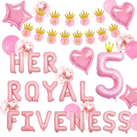 PRICES MAY VARY. COMPLETE SET: Our HER ROYAL FIVENESS Balloon 5th Girl Birthday Decoration Set includes a 98 inch princess birthday flag, 2 16 inch pink love balloons, 2 16 inch pink star balloons, 5 sequin latex balloons, 5 pink latex balloons, 40 inch pink number 5 balloons, and the letter "HER ROYAL FIVENESS" balloon. UNIQUE DESIGN: This set is perfect for HER ROYAL FIVENESS party, giving girls unforgettable memories of their 5th birthday. Perfect for HER ROYAL FIVENESS party, giving girls un 5 Girl Birthday Party Ideas, Girls Fifth Birthday Party Themes, Her Royal Fiveness Birthday Party, Royal 5ness Party, Birthday Party 5 Girl, 5 Year Princess Birthday Party, 5th Birthday Ideas Girl, Four And Fabulous Birthday Party Ideas, Five Year Old Girl Birthday Party Theme