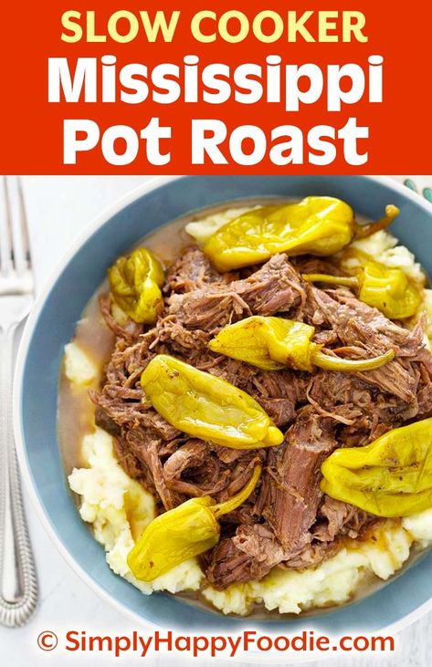 Crock Pot Mississippi Pot Roast is full of flavor! The MOST delicious pot roast ever! This slow cooker Mississippi Pot Roast is an easy dump and start pot roast recipe, and the whole family loves it! simplyhappyfoodie.com #crockpotmississippiroast #slowcookermississippiroast Crock Pot Mississippi Pot Roast, Slow Cooker Mississippi Roast, Slow Cooker Mississippi Pot Roast, Delicious Pot Roast, Cafe Recipes, Mississippi Pot, Winter Foods, Pot Roast Recipe, Pepperocini Recipes