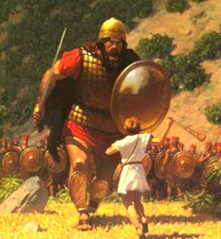 What moved young David to challenge Goliath, a fully armed giant who was about 9.5' tall? Respect for Jehovah & for his great name motivated David to take a stand against that towering giant. Relying on the true God, David brought down the Philistine champion with a single slingstone. Not only on that occasion but throughout his life, David trusted in Jehovah and held the divine name in the highest esteem. 1 Samuel 17:45 David And Goliath, Bible Illustrations, Family Worship, Bible History, Bible Characters, Bible Pictures, Prophetic Art, Biblical Art, Bible Stories