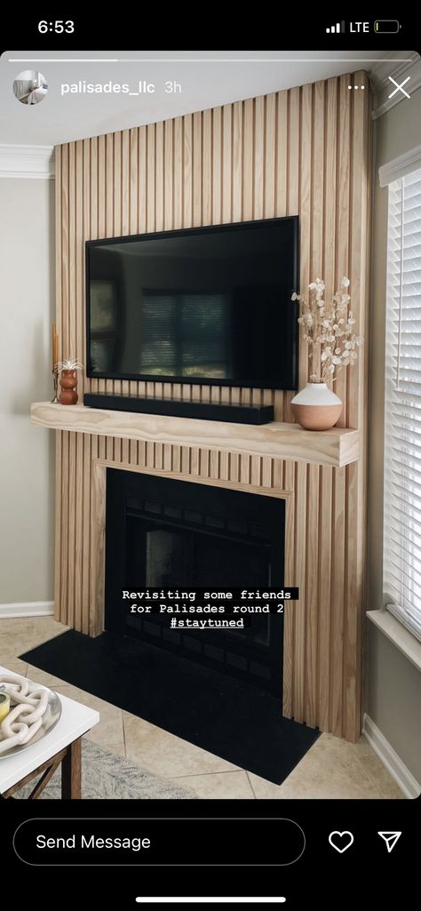 Slat Wall Living Room Fireplace, Fluted Room Divider, Vertical Wood Fireplace Wall, Tv Mantel No Fireplace, Slatted Wood Fireplace, Wood Slats Around Fireplace, Diy Wood Slat Fireplace Wall, Wall Slat Fireplace, Vertical Wood Slat Wall Fireplace