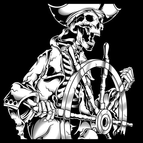 Pirate skeleton at helm hand drawing Pirate Skeleton Drawing, Pirate Sleeve, Pirate Ship Drawing, Pirate Skull Tattoos, British Tattoo, Pirate Illustration, Illusion Kunst, Pirates Illustration, Pirate Ship Art