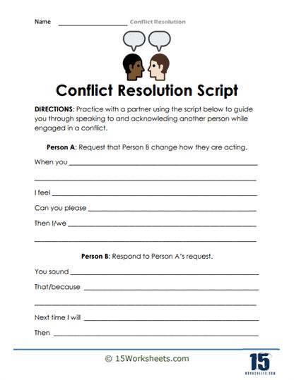 Script Roleplay Worksheet - 15 Worksheets.com Conflict Resolution Worksheet, Role Play Scenarios, Conflict Resolution Skills, Holiday Science, Kindergarten Social Studies, The Worksheet, Conflict Resolution, The Script, Writing Skills