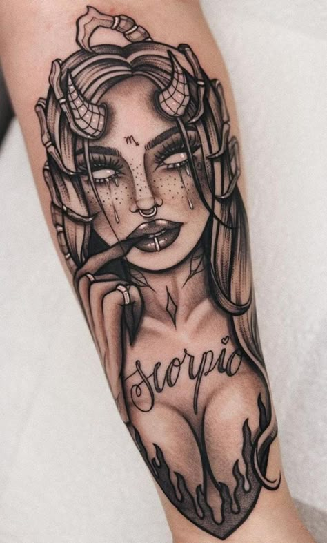 Tattoos Jellyfish, Succubus Tattoo, Armband Tattoos, Hannya Mask, Scorpio Tattoo, Sharpie Tattoos, Goddess Tattoo, Tattoos For Black Skin, Mask Tattoo