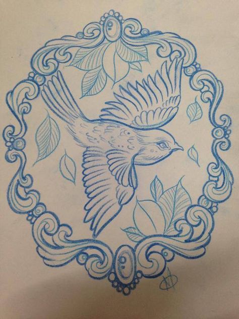 Bird frame Tattoo Borders Frames, Vintage Frame Tattoo Design, Cameo Drawing, Bird In Frame Tattoo, Filigree Frame Tattoo, Tattoo Frame Design, Traditional Frame Tattoo, Victorian Frame Tattoo, Antique Frame Tattoo