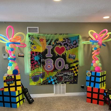 Balloon Centerpieces | Simi Valley, Thousand Oaks, Moorpark, CA | Party Blitz 80s Balloon Decor, 80s Centerpieces, 80s Homecoming, 90s Decorations, Neon Balloons, School Dance Themes, Dance Party Decorations, 80s Birthday, 80s Party Decorations