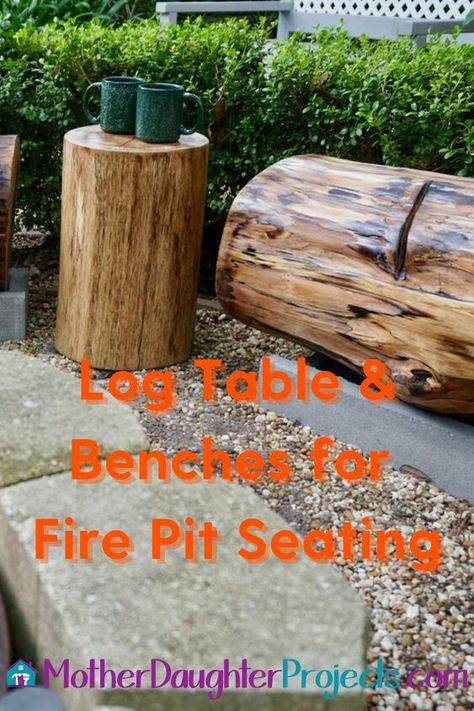 Check out this fun outdoor tree stump bench idea. Upgrade your outdoor fire pits experience with a wooden and concrete bench and table. This fun seat idea is a great way to get outside and enjoy your fire pit. #diy #logbench #firepit Diy Stump Stool, Tree Stump Stools Diy, Tree Stump Bench, Stump Bench, Stump Fire Pit, Fire Pit Bench, Bench And Table, Outdoor Fire Pit Area, Log Bench