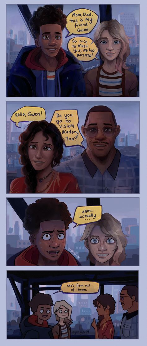 Spider Verse Movie Scenes, Gwen And Miles Spiderverse, Miles X Gwen Comic, Gwen Stacy And Miles Morales Fanart, Across The Spider Verse Gwen And Miles, Gwen Spiderman Fanart, Spiderman Across The Spider Verse Gwen And Miles, Spiderman Across The Spider Verse Miles And Gwen, Genderbent Miles Morales