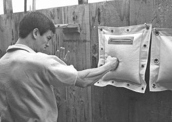 Bruce Lee - Wall Bag. For a more punishing punch, Lee selects the canvas bag. He usually had three bags hanging on the wall. One filled with sand, another filled with gravel or beans and the third with steel sawdust found in any machine shop. Bruce Lee Workout, One Inch Punch, Bruce Lee Training, Back Workout Routine, Bruce Lee Martial Arts, Wing Chun Kung Fu, Kung Fu Martial Arts, Bruce Lee Quotes, Bruce Lee Photos