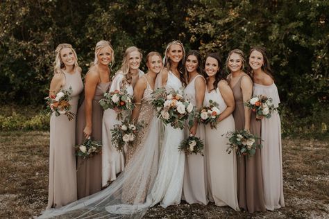 Wedding Colors With Champagne Dress, Taupe Mixed Bridesmaid Dresses, Bridesmaids Mixmatch Dresses, White And Greenery Wedding Bridesmaids, Beach Wedding Bridesmaid Dresses Neutral, Different Color Champagne Bridesmaid Dresses, Natural Wedding Bridesmaid Dresses, Fall Bridesmaid Dresses Champagne, Neutral Tones Bridesmaid Dresses