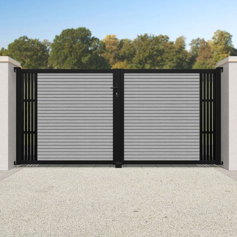 Hudson Aspen Straight Top Driveway Gate - Light Grey - End Screen – Charles & Ivy Contemporary Gates, Main Gates, Custom Driveway, Showroom Inspiration, Gate Lights, House Main Gates Design, Aluminium Gates, Gate Post, Gate Handles