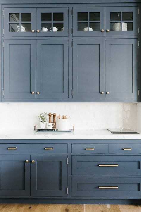 Transitional Kitchen with Blue-Gray Cabinets - Town & Country Living Blue Gray Kitchen Cabinets, Grey Blue Kitchen, Kabinet Dapur, Blue Kitchen Cabinets, Blue Cabinets, Grey Kitchen Cabinets, Kitchen Cabinet Colors, Transitional Kitchen, Grey Cabinets