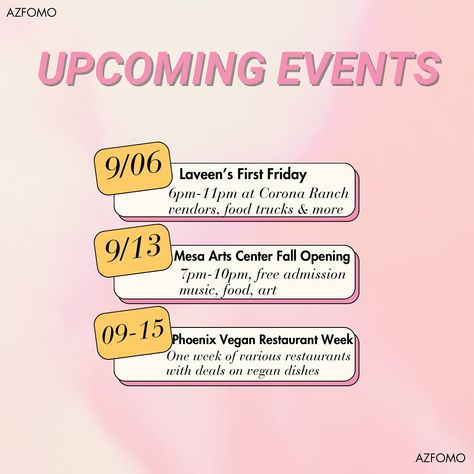 MAJOR EVENTS 💥 In AZ in September are here 📆 If you think Arizona is sooo boring, you need to stay posted with all the events list I post, I promise there’s plenty to do 😉 I post a roundup of major events monthly as well as a weekly list of smaller (weekend) events happening! Check out my events calendar on AZFOMO.COM for details, addresses, links & more 🔗 I have even more posted on there 👀 for inquiries to have your event featured or for social media coverage, please email azfomobusinessinqu... Weekly List, First Friday, Restaurant Week, Media Coverage, Vegan Restaurants, Vegan Dishes, Event Calendar, Upcoming Events, Food Truck