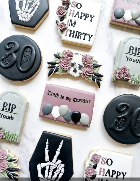 Rip Cookies, Rip 20s Hello 30s Cake, Rip 20s Cookies, Rip 30s Cookies, 30th Bday Cookies Women, 30th Cookies Birthday For Women, Gothic Birthday Cookies, Rip Birthday, 30th Birthday Royal Icing Cookies