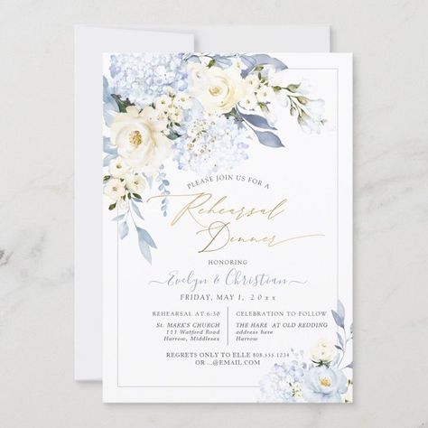 H2 Blue Hydrangea Cream Roses Rehearsal Dinner Invitation  Zazzle White Hydrangea Wedding, Hydrangea Wedding Invitations, Blue Hydrangea Wedding, Rose Gold Wedding Invitations, Dinner Invitation Template, Purple Hydrangea, Wedding Rehearsal Dinner Invitations, White Roses Wedding, Gold Chic