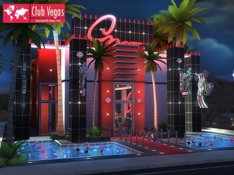 Club Vegas is the most popular nightclub in Oasis Springs! Everyone is in there all night! If you want to join this adventure with your sim, you should get it now and be ready to long nights!... Night Club Exterior, Sims 4 Club, Sims Architecture, Oasis Springs, Lotes The Sims 4, The Sims 4 Lots, Club Furniture, Nightclub Design, Sims 4 House Plans