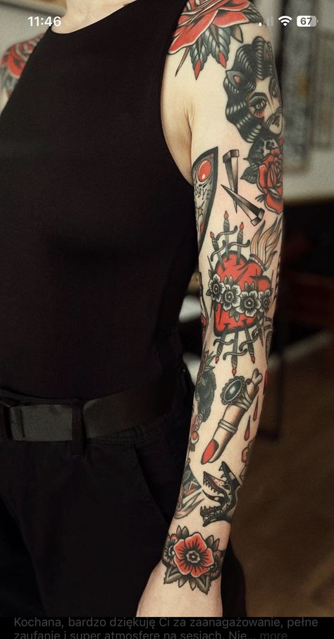 Traditional Tattoo Mixed With Modern, Black White And Red Tattoo Sleeve, Rose Cuff Tattoo, Female American Traditional Sleeve, American Traditional Flame Tattoo, Arm Tattoos For Women Traditional, Black Tattoo With Red Accents, Tattoo Sleeve Women Traditional, Black And Red Neo Traditional Tattoo