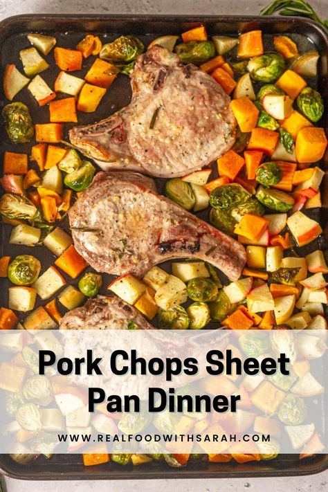 This pork chops sheet pan dinner is a super easy meal. It's made with apples, brussels sprouts and butternut squash for the best fall dinner! Bone In Pork Chop Sheet Pan Dinner, Sheet Pan Pork Chops, Chopped Brussel Sprouts, Sheet Pan Pork, Pork Chops With Apples, Pan Pork Chops, Marinated Pork Chops, Apple Pork Chops, Pork Chop Dinner