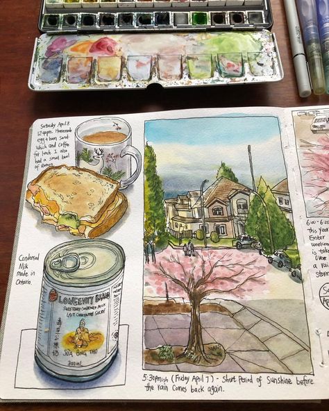 Becky Cao Watercolors and Teaching | A page spread of art journals from this weekend. It’s been raining since Friday and it’s too wet to go out. Home life is always fun to… | Instagram Og Aesthetic, Best Travel Journals, Travel Journal Ideas, Travel Art Journal, Outside My Window, Travel Sketchbook, Sketch Journal, Happy Easter Everyone, Japanese Drawings