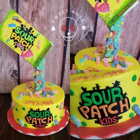 Sour patch themed gravity defying birthday cake   Www.facebook.com/sweetrosecupcakes  Www.instagram.com/sweetrosecupcakes Sour Patch Birthday Cake, Sour Patch Party Ideas, Sour Patch Theme Party Ideas, Sweet And Sour Birthday Theme, Sweet And Sour Party Theme, Sour Candy Cake, Sour Patch Birthday, Sour Patch Kids Birthday Party Ideas, Sour Patch Birthday Party Ideas