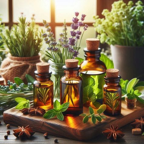 A couple of clear brown essential oils bottles, with lots of herbs, flowers and spices all around the bottles. There is a window in the background, as if the picture was taken in the kitchen. Skincare Drawing, Facial Serum Diy, Ancient Rituals, Essential Oil Skin Care, Turmeric Oil, Pomegranate Oil, Diy Facial, Essential Oils For Skin, Using Essential Oils