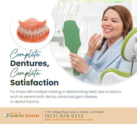 If you`re missing several teeth or have multiple deteriorating teeth, complete dentures can restore your smile. Achieve a healthy and beautiful smile; call 925-828-0252 to request a consultation. #completedentures #dublin #CA #starbritedental Family Dental Care, Implant Dentistry, Missing Teeth, Family Dental, Family Dentistry, Dentures, Cosmetic Dentistry, Tooth Decay, Your Smile