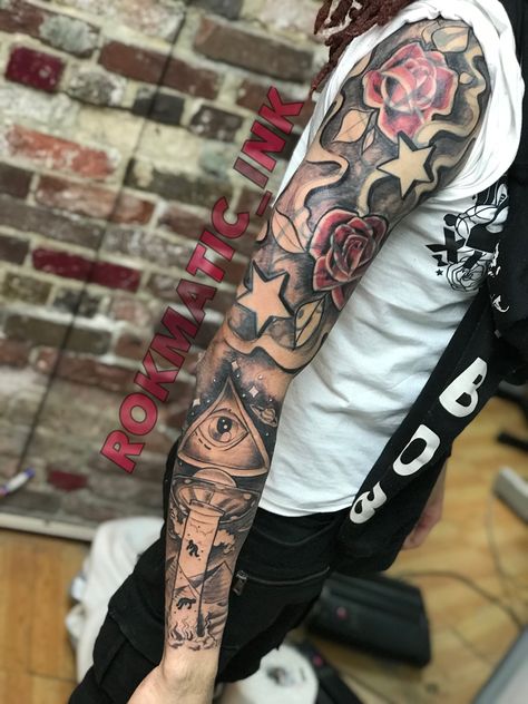 Tattoo sleeve by rokmatic_ink Sleeve Filler Ideas Men Arm Tattoo, Father Tattoos, Manga Tattoo, Forarm Tattoos, Cool Tattoos For Guys, Tattoo Desings, Incredible Tattoos, Tattoo Design Book, Tattoo Sleeve Men