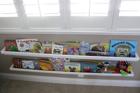 The Larson Lingo: Luke's Nursery Under Window Shelf, Under Window Bookshelf, Rain Gutter Book Shelf, Window Bookshelf, Gutter Bookshelf, Baby Room Shelves, Toddler And Baby Room, Nursery Makeover