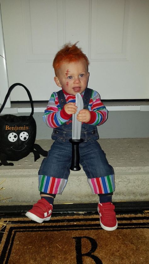 Toddler Halloween costume idea/baby chucky Toddler Chucky Costume, Bride Of Chucky Makeup, Chucky Makeup, Toddler Halloween Costume, Chucky Costume, 1st Halloween, Spooky Costumes, Halloween Costume Idea