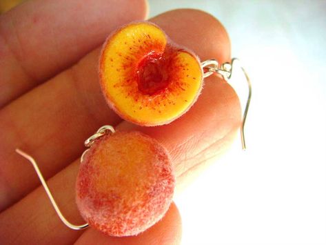 Porcelain Jewellery, Clay Fruit, Jellyfish Necklace, Sculpture Jewelry, Clay Model, Cherry Necklace, Food Sculpture, Weird Jewelry, Peach Earrings