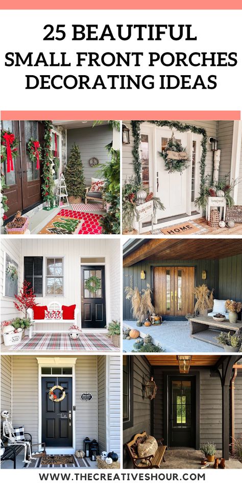 25 Beautiful Small Front Porches Decorating Ideas Small Front Porch, Welcome Design, Small Bench, Small Front Porches, Small Porches, Wooden Ceilings, Front Porch Decorating, Overhead Lighting, Front Entrances