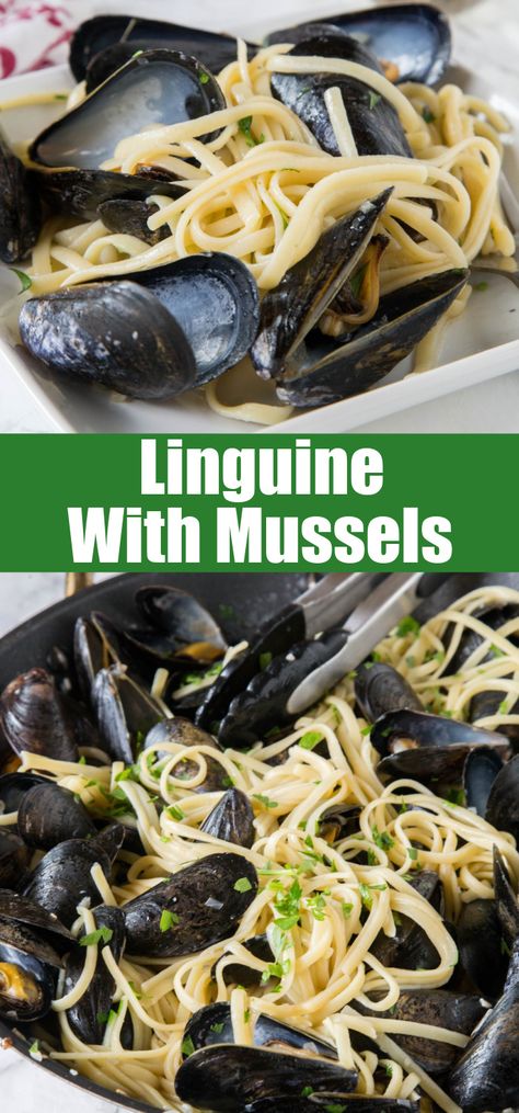 Linguine with Mussels - a super easy mussels recipe that mixes pasta and steamed mussels with shallots, butter and plenty of garlic! Simple, easy, and delicious. Mussels Recipe White Wine, Mussels Recipe Pasta, Pesto Ingredients, Kitchen Swagger, Wine Pasta Sauce, White Wine Pasta Sauce, Mussels In White Wine, Mussels Pasta, Baked Mussels