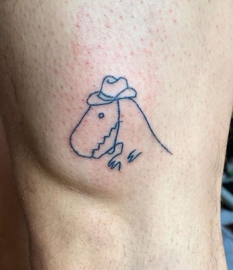 T Rex Bones Tattoo, Dinosaur With Cowboy Hat Tattoo, T Rex Tattoo Cute, Tex Tattoo, Rex Tattoo, T Rex Tattoo, Cowboy Hat Tattoo, Upper Thigh Tattoos, Hat Tattoo