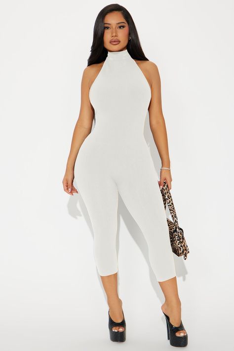 Available In Black And Off White. Jumpsuit Mock Neck Sleeveless Low Back Back Zipper Legging Capri Stretch Compression Rib 86% Rayon 14% Spandex Imported | Cassandra Snatched Capri Jumpsuit in Off White size Large by Fashion Nova Off White Jumpsuit, Capri Jumpsuit, Off White Fashion, Zipper Leggings, Capri Set, Color Block Leggings, Jean Accessories, White Jumpsuit, Pant Set