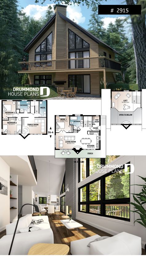 Affordable chalet plan with 3 bedrooms, open loft, cathedral ceiling and fireplace Chalet Plan Architecture, Cottage Plans With Loft, Chalet Plan, Chalet Plans, Chalet House Plans, Loft House Plans, Chalet Modern, Chalet House, Plan Chalet