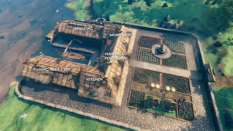 Valheim Village Layout, Valheim Garden Design, Valheim Wall Design, Valheim Swamp Base, Valheim Castle Ideas, Valheim Boar Pen, Valheim Crafting Area, Valheim Stone Build, Valheim Base Layout