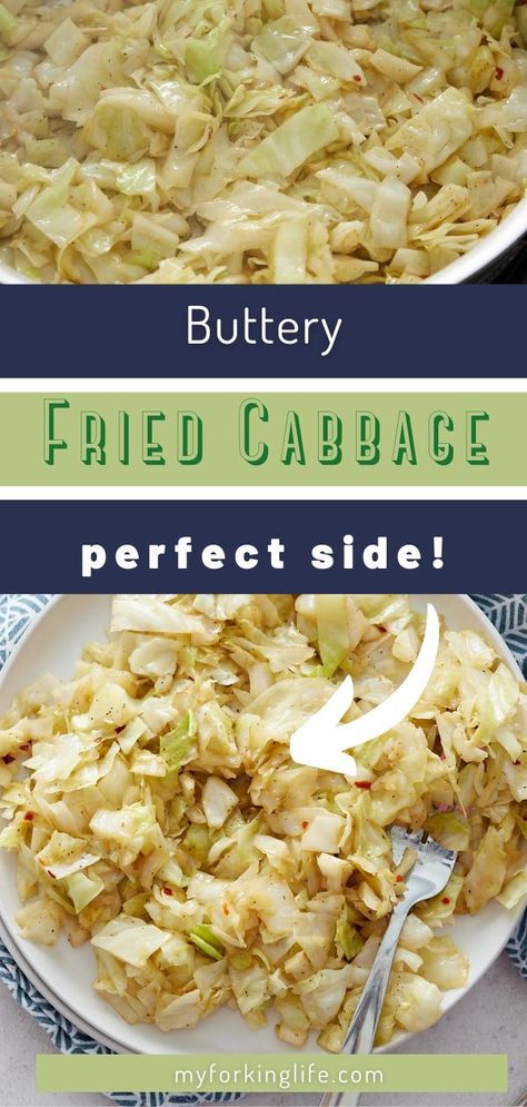 Fried cabbage is the ultimate comfort food. Cabbage is cooked down in a pan with a few nobs of butter until super soft and tender. It's flavored with seasonings to be a little spicy and have the best sweet and salty combo. It's delicious, simple, and a great side dish! Seasoning For Cabbage, Fried Cabbage Recipe, Fried Corn Recipes, Cabbage Recipes Southern, Sliced Cabbage, Fried Cabbage Recipes, Cabbage Side Dish, Southern Fried Cabbage, Buttered Cabbage