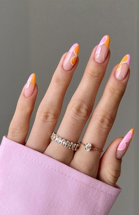 French Tip Gel Nails, Orange Nail Designs, Cute Summer Nails, Almond Nails Designs, Vacation Nails, Trendy Nail Design, Get Nails, Summer Nails Colors, Orange Nails