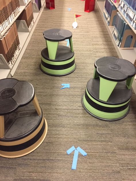 Hole 3 gets a little more tricky with library stools (kick stools as obstacles). Library Putt Putt Golf, Library Mini Golf, Workshops Ideas, Teen Club, Office Golf, Golf Fundraiser, Faculty Meetings, Putt Putt Golf, Library Bulletin Board