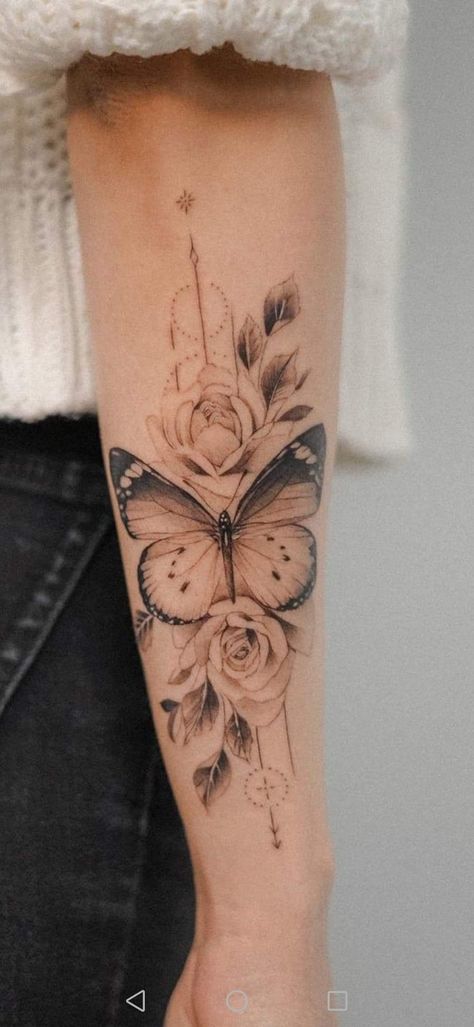 Butterfly Swirl Tattoo Design, Forearm Butterfly Tattoo Women, Butterfly Forearm Tattoo Women, Mid Arm Tattoos For Women, Tattoos Back Of Arm, Butterfly Elbow Tattoo, Inside Arm Tattoos For Women, Butterfly Forearm Tattoo, Rose Butterfly Tattoo