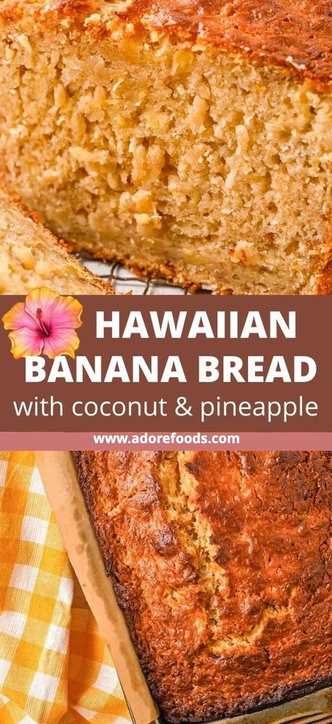 🍌🥥 Hawaiian Breakfast Delight Best moist Hawaiian banana bread with crushed pineapple and coconut makes for the perfect island-vibe breakfast #HawaiianBananaBread #PineappleCoconutBread #IslandBaking #TropicalTreats #CaribbeanKitchen Banana Bread With Pineapple, Hawaiian Banana Bread Recipe, Pineapple Coconut Bread, Hawaiian Breakfast, Hawaiian Desserts, Coconut Banana Bread, Pineapple Bread, Pineapple And Coconut, Hawaiian Dishes