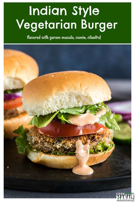 Indian style Vegetarian Burgers spiced with garam masala, cumin, ginger, cayenne & cilantro! These masala burgers are so flavorful and would be the perfect burgers for summer BBQ and grilling menu! #vegetarian #summer #burger Spicy Burger Sauce, Indian Burger, Burger Spice, Summer Burger, Vegetarian Burger Recipe, Vegetarian Grilling Recipes, Sandwich Recipes Indian, Vegetarian Burgers, Spicy Burger