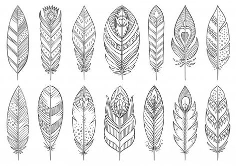 Boho feather hand drawn line set. Premiu... | Premium Vector #Freepik #vector #hand Feather Sketch, Mandala Feather, Indian Feather Tattoos, Karma Tattoo, Feather Drawing, Flat Design Icons, Watercolor Feather, Mandala Design Pattern, Boho Feathers