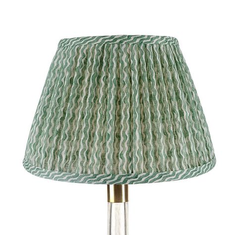 A colored, patterned empire lampshade, made in Fermoie Popple fabric in Green. Makeup: 100% Linen fabric, off white plain lining. Origin: Made In England.  *Measurements listed top x bottom x side Decorate Lampshade, Linen Lampshade, Empire Silhouette, White Plains, Living Room Shop, Kids Lighting, Living Room Paint, Farrow Ball, Lamp Shades